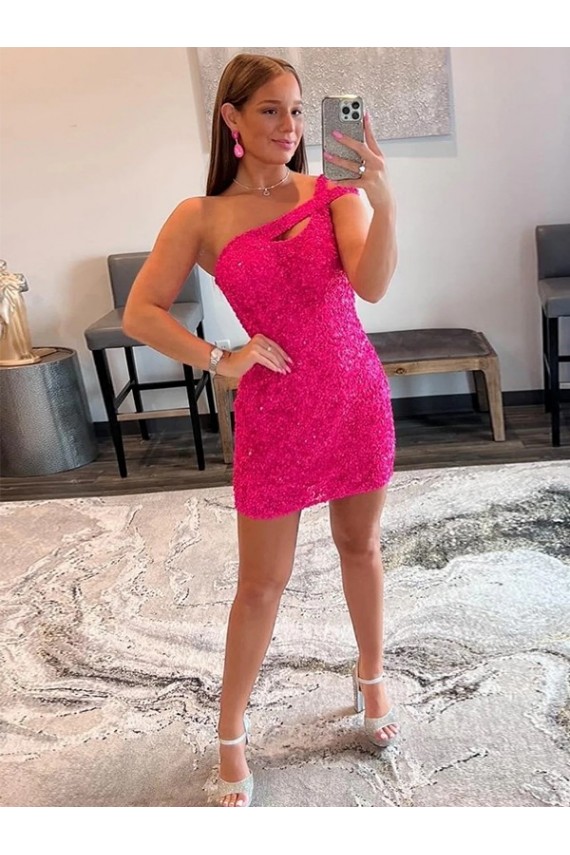 Site de Curto Sem Mangas Lantejoulas Veludo Fúcsia Bainha Sem Mangas Um Ombro Vestidos de Festa