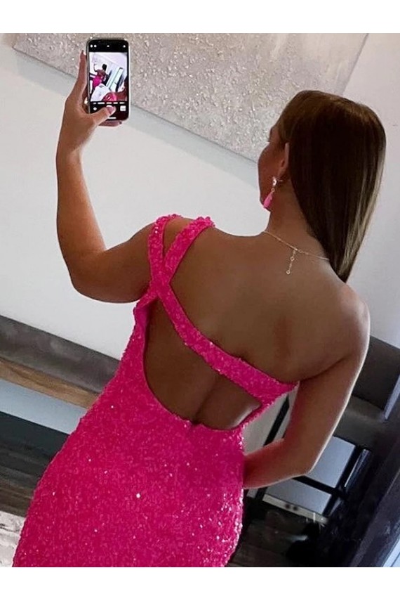 Site de Curto Sem Mangas Lantejoulas Veludo Fúcsia Bainha Sem Mangas Um Ombro Vestidos de Festa
