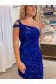 Site de Curto Sem Mangas Lantejoulas Veludo Fúcsia Bainha Sem Mangas Um Ombro Vestidos de Festa