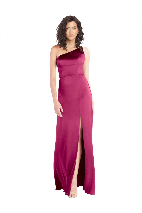 Site de Comprimento Chão Sem Mangas Cetim Elástico Fúcsia Linha A Vestidos de Madrinha / Vestidos de Noite / Vestidos de Festa