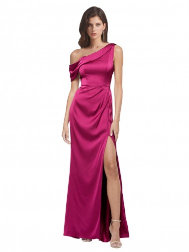 Site de Comprimento Chão Sem Mangas Cetim Elástico Fúcsia Linha A Sem Mangas Um Ombro Vestidos de Madrinha / Vestidos de Noite / Vestidos de Festa