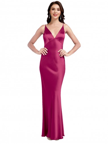 Site de Comprimento Chão Sem Mangas Cetim Elástico Fúcsia Linha A Sem Mangas Alças finas Vestidos de Madrinha / Vestidos de Noite / Vestidos de Festa