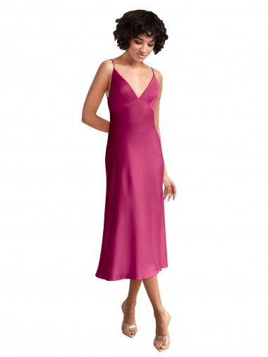 Site de Comprimento Midi Sem Mangas Cetim Elástico Fúcsia Linha A Vestidos de Madrinha / Vestidos de Noite / Vestidos de Festa