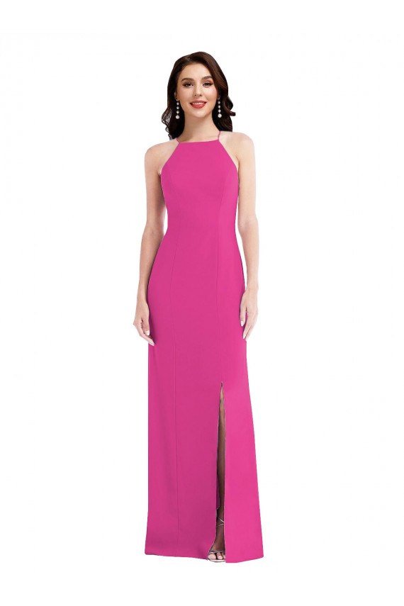 Site de Comprimento Chão Sem Mangas Crepe Esticado Fúcsia Trombeta Vestidos de Madrinha / Vestidos de Noite / Vestidos de Festa