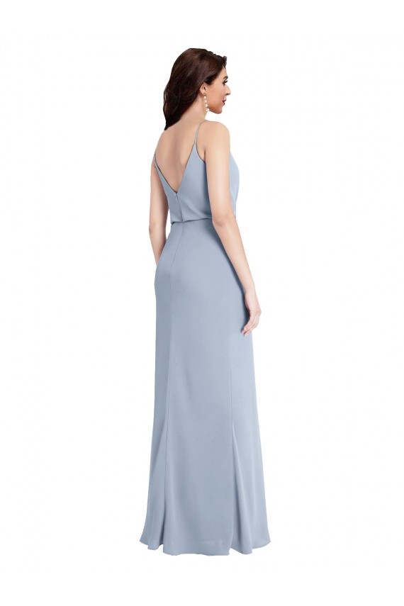Site de Comprimento Chão Sem Mangas Crepe Esticado Fumo Azul Bainha Sem Mangas Alças finas Vestidos de Madrinha / Vestidos de Noite / Vestidos de Festa