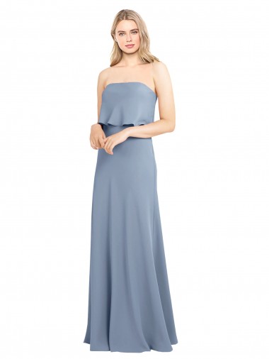 Site de Comprimento Chão Sem Mangas Crepe Esticado Fumo Azul Bainha Vestidos de Madrinha / Vestidos de Noite / Vestidos de Festa