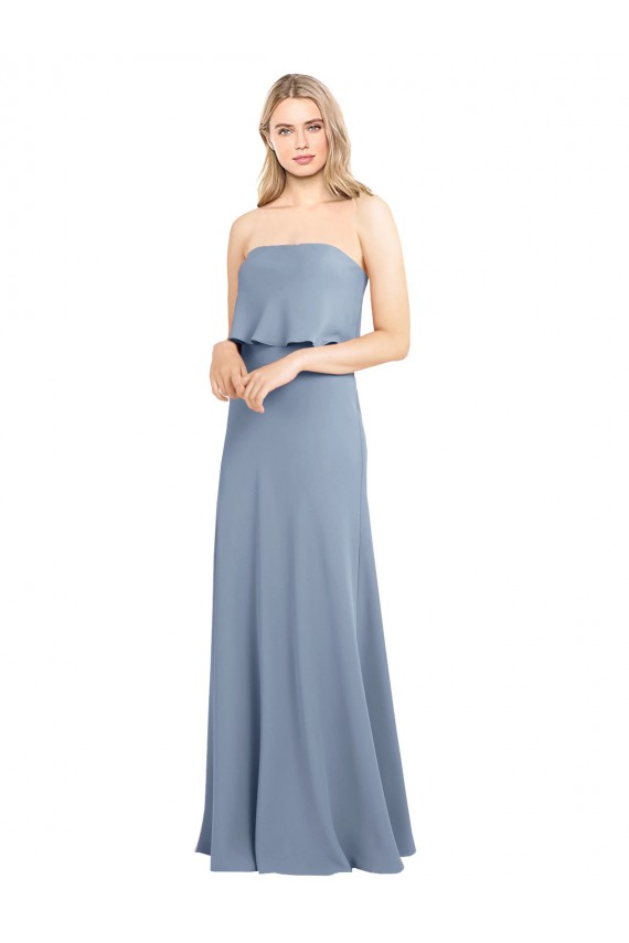 Site de Comprimento Chão Sem Mangas Crepe Esticado Fumo Azul Bainha Vestidos de Madrinha / Vestidos de Noite / Vestidos de Festa