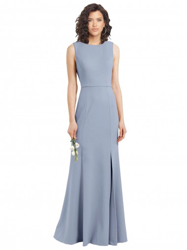Site de Comprimento Chão Sem Mangas Crepe Esticado Fumo Azul Bainha Vestidos de Madrinha
