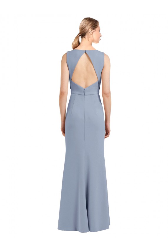 Site de Comprimento Chão Sem Mangas Crepe Esticado Fumo Azul Bainha Vestidos de Madrinha