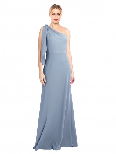 Site de Comprimento Chão Mangas Esvoaçantes Crepe Esticado Fumo Azul Bainha Vestidos de Madrinha / Vestidos de Noite / Vestidos de Festa