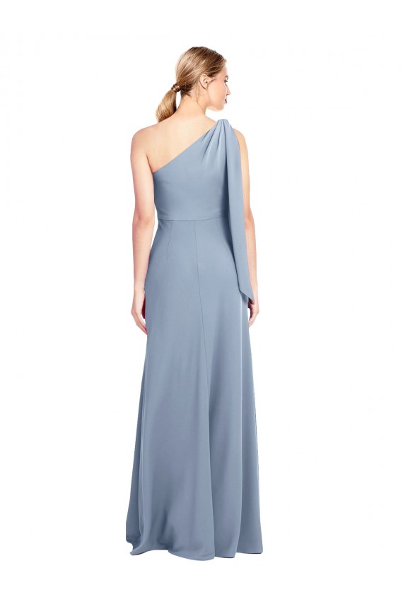 Site de Comprimento Chão Mangas Esvoaçantes Crepe Esticado Fumo Azul Bainha Vestidos de Madrinha / Vestidos de Noite / Vestidos de Festa