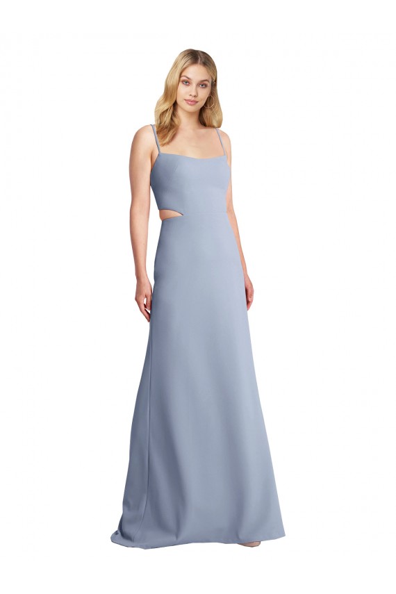 Site de Comprimento Chão Sem Mangas Crepe Esticado Fumo Azul Linha A Vestidos de Madrinha / Vestidos de Festa
