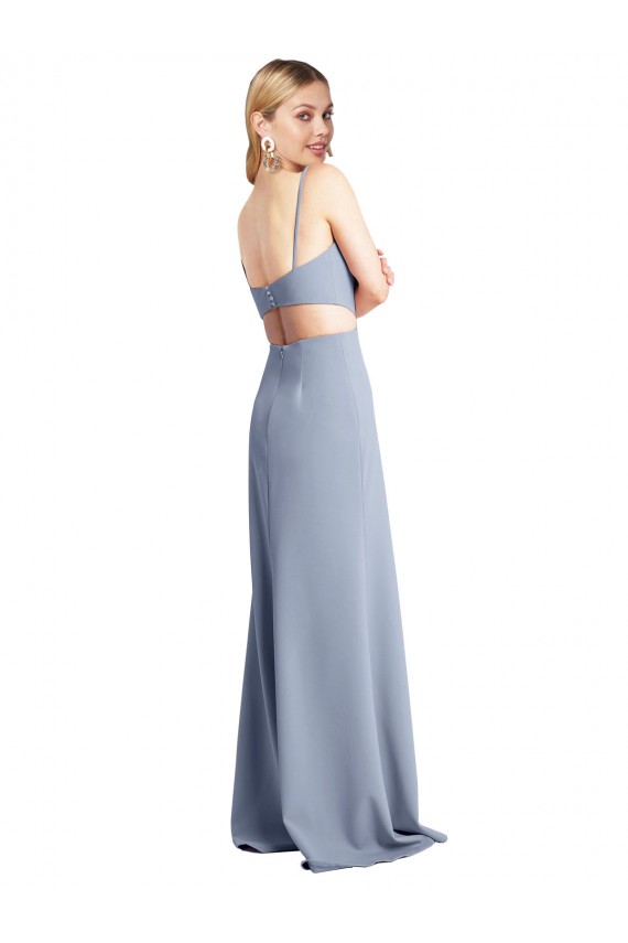 Site de Comprimento Chão Sem Mangas Crepe Esticado Fumo Azul Linha A Vestidos de Madrinha / Vestidos de Festa