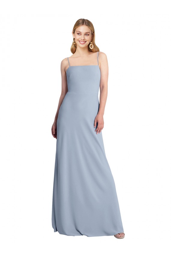 Site de Comprimento Chão Sem Mangas Crepe Esticado Fumo Azul Linha A Sem Mangas Vestidos de Madrinha / Vestidos de Festa