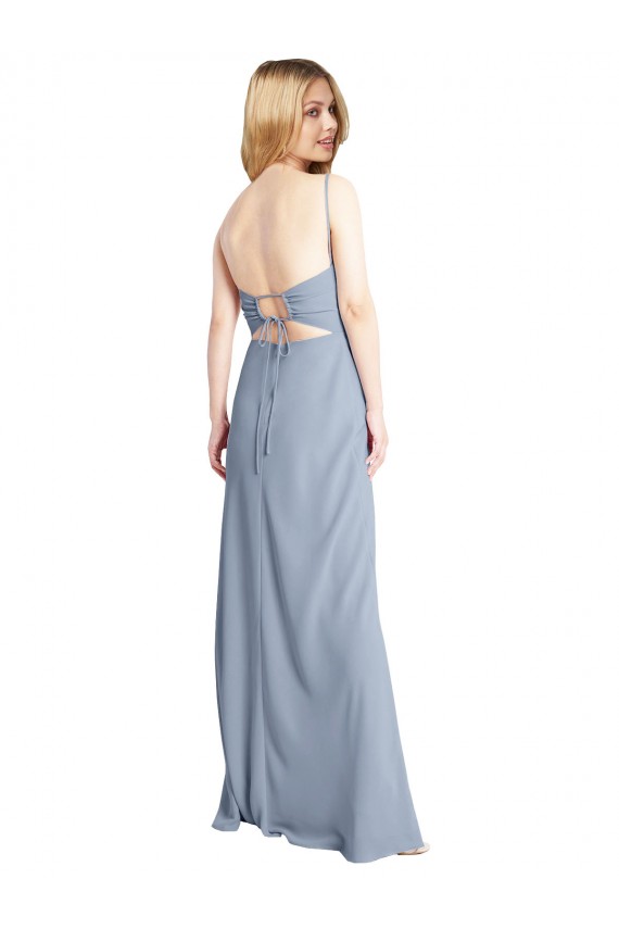 Site de Comprimento Chão Sem Mangas Crepe Esticado Fumo Azul Linha A Sem Mangas Vestidos de Madrinha / Vestidos de Festa