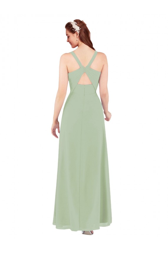 Site de Comprimento Chão Sem Mangas Chiffon Fumo Verde Bainha Vestidos de Madrinha