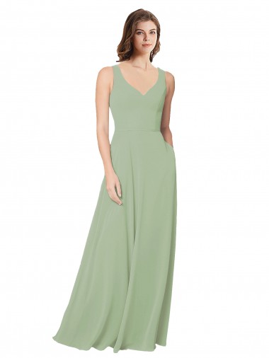 Site de Comprimento Chão Sem Mangas Chiffon Fumo Verde Linha A Sem Mangas Amor Vestidos de Madrinha