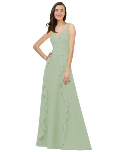 Site de Comprimento Chão Sem Mangas Chiffon Fumo Verde Linha A Sem Mangas Alças finas Vestidos de Madrinha