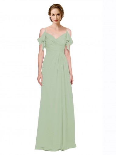 Site de Comprimento Chão Sem Mangas Chiffon Fumo Verde Linha A Sem Mangas Fora do Ombro Vestidos de Madrinha