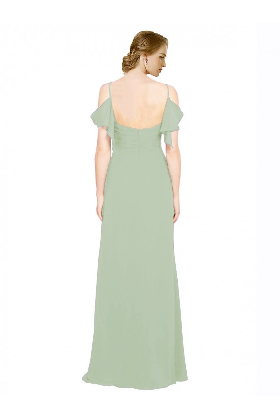 Site de Comprimento Chão Sem Mangas Chiffon Fumo Verde Linha A Sem Mangas Fora do Ombro Vestidos de Madrinha