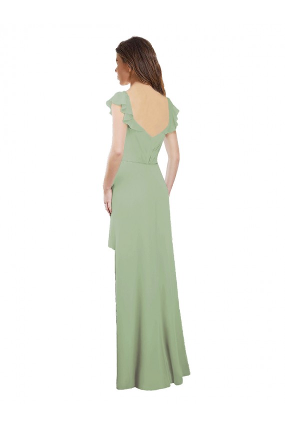 Site de Comprimento Chão Mangas Curtas Chiffon Fumo Verde Linha A Vestidos de Madrinha