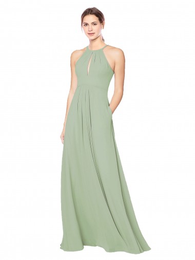 Site de Comprimento Chão Sem Mangas Chiffon Fumo Verde Linha A Sem Mangas Cabeçada Vestidos de Madrinha