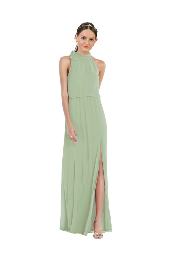 Site de Comprimento Chão Sem Mangas Chiffon Fumo Verde Linha A Sem Mangas Decote Alto Vestidos de Madrinha