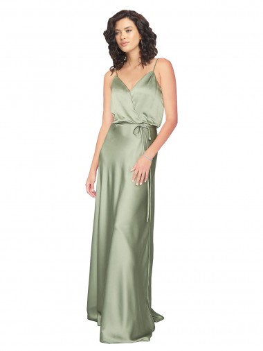Site de Comprimento Chão Sem Mangas Cetim Sedoso Fumo Verde Linha A Vestidos de Madrinha / Vestidos de Noite