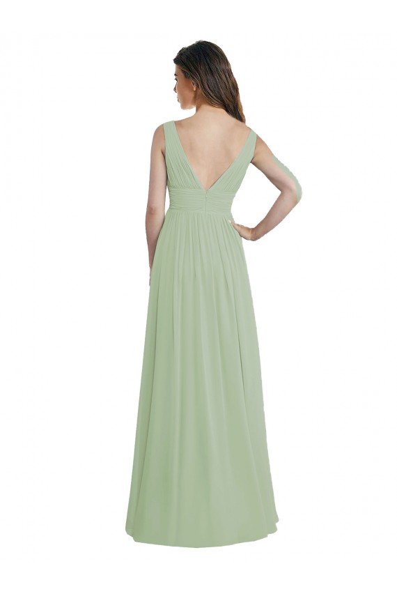Site de Comprimento Chão Sem Mangas Chiffon Fumo Verde Linha A Vestidos de Madrinha