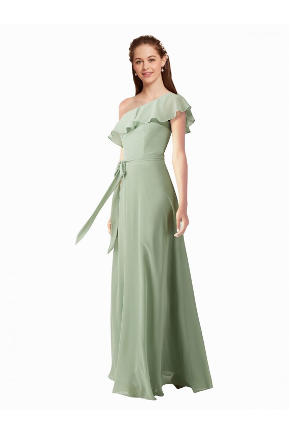 Site de Comprimento Chão Mangas Esvoaçantes Chiffon Fumo Verde Linha A Vestidos de Madrinha
