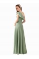 Site de Comprimento Chão Mangas Esvoaçantes Chiffon Fumo Verde Linha A Vestidos de Madrinha