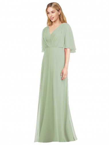 Site de Comprimento Chão Mangas Esvoaçantes Chiffon Fumo Verde Trombeta Vestidos de Madrinha