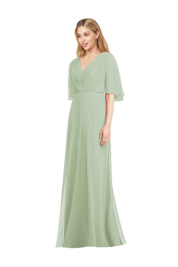 Site de Comprimento Chão Mangas Esvoaçantes Chiffon Fumo Verde Trombeta Vestidos de Madrinha
