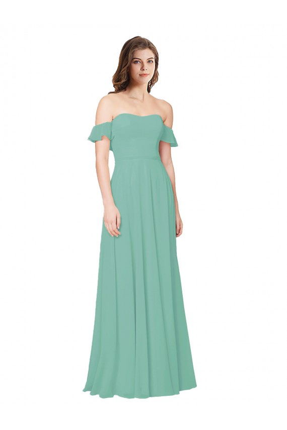 Site de Comprimento Chão Mangas Folhos Chiffon Jade Linha A Vestidos de Madrinha