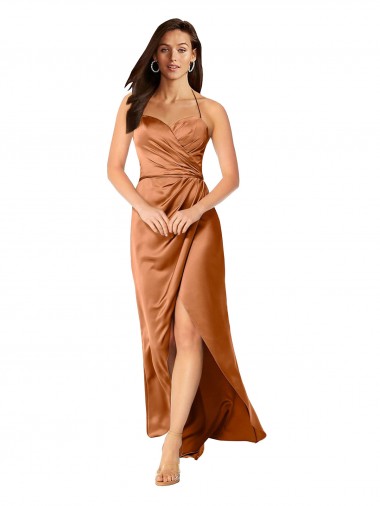 Site de Alto Baixo Sem Mangas Cetim Sedoso Laranja Linha A Vestidos de Madrinha / Vestidos de Noite / Vestidos de Festa