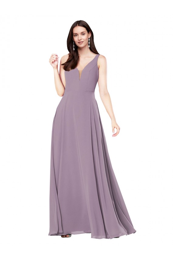 Site de Comprimento Chão Sem Mangas Chiffon Lavanda Escura Bainha Vestidos de Madrinha / Vestidos de Noite