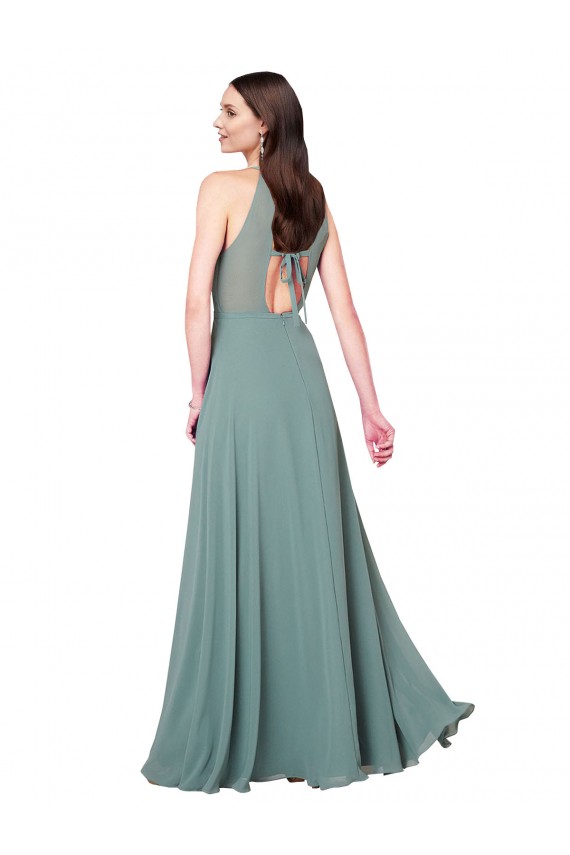 Site de Comprimento Chão Sem Mangas Chiffon Lavanda Escura Linha A Sem Mangas Cabeçada Vestidos de Madrinha