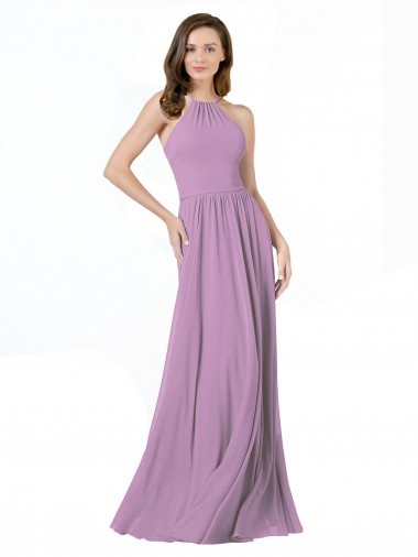 Site de Comprimento Chão Sem Mangas Chiffon Lavanda Escura Linha A Sem Mangas Longo Cabeçada Vestidos de Madrinha