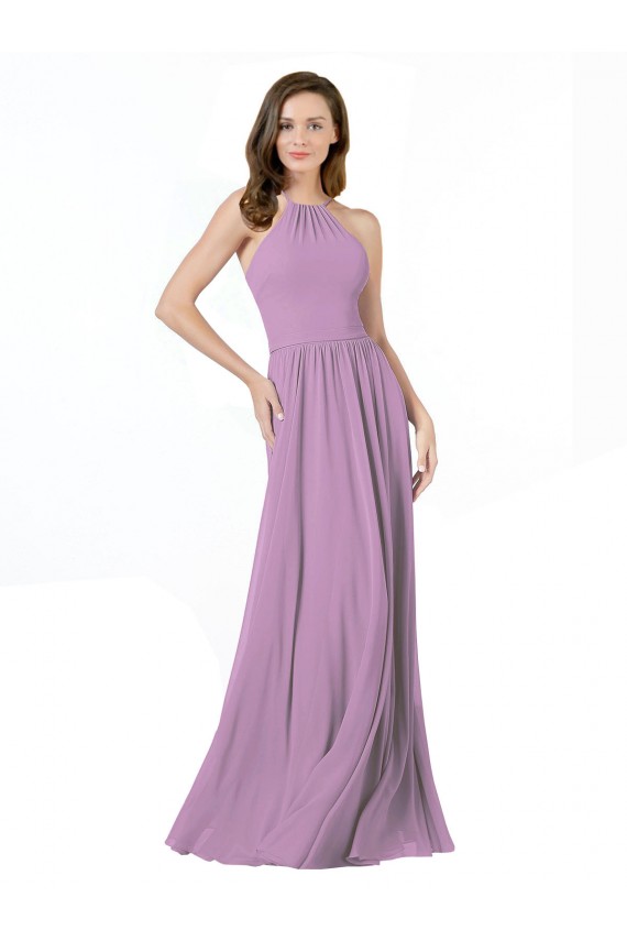 Site de Comprimento Chão Sem Mangas Chiffon Lavanda Escura Linha A Sem Mangas Longo Cabeçada Vestidos de Madrinha
