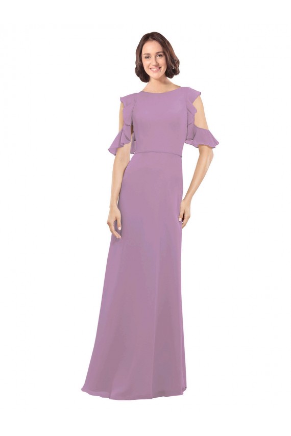 Site de Comprimento Chão Ombro Frio Chiffon Lavanda Escura Linha A Vestidos de Madrinha