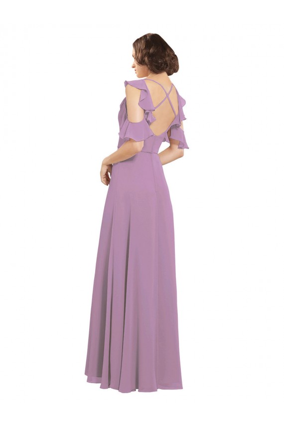 Site de Comprimento Chão Ombro Frio Chiffon Lavanda Escura Linha A Vestidos de Madrinha