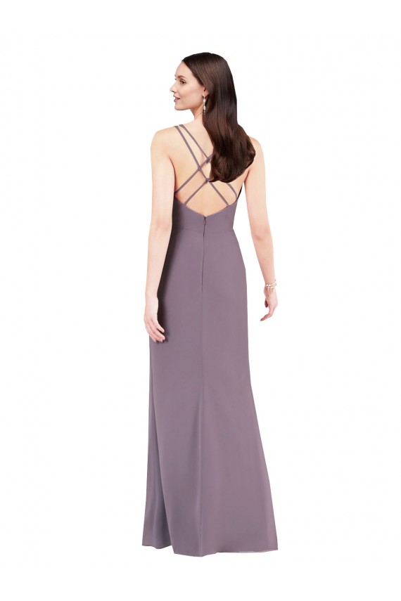 Site de Comprimento Chão Sem Mangas Chiffon Lavanda Escura Coluna Vestidos de Madrinha / Vestidos de Noite