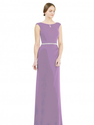 Site de Comprimento Chão Sem Mangas Chiffon Lavanda Escura Linha A Sem Mangas Decote Barco Vestidos de Madrinha