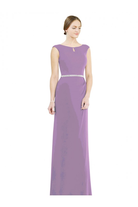 Site de Comprimento Chão Sem Mangas Chiffon Lavanda Escura Linha A Sem Mangas Decote Barco Vestidos de Madrinha