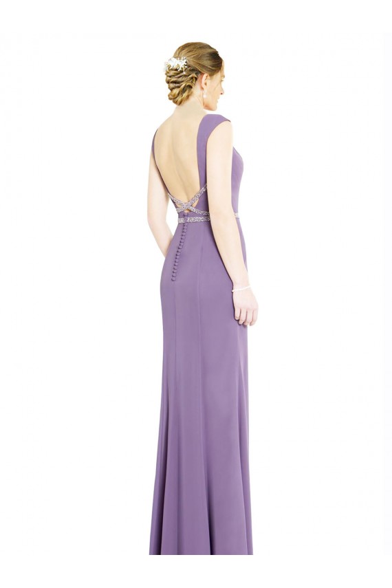 Site de Comprimento Chão Sem Mangas Chiffon Lavanda Escura Linha A Sem Mangas Decote Barco Vestidos de Madrinha