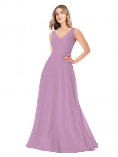 Site de Comprimento Chão Sem Mangas Chiffon Lavanda Escura Linha A Vestidos de Madrinha