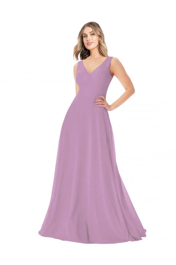 Site de Comprimento Chão Sem Mangas Chiffon Lavanda Escura Linha A Vestidos de Madrinha