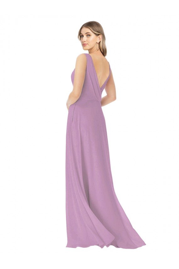 Site de Comprimento Chão Sem Mangas Chiffon Lavanda Escura Linha A Vestidos de Madrinha