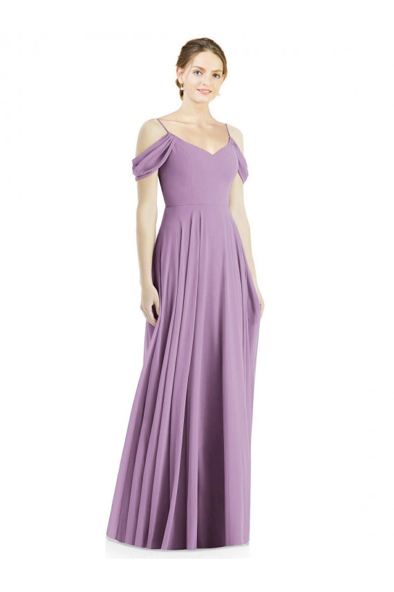 Site de Comprimento Chão Sem Mangas Chiffon Lavanda Escura Linha A Sem Mangas Fora do Ombro Vestidos de Madrinha