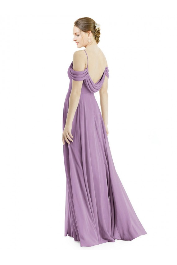 Site de Comprimento Chão Sem Mangas Chiffon Lavanda Escura Linha A Sem Mangas Fora do Ombro Vestidos de Madrinha